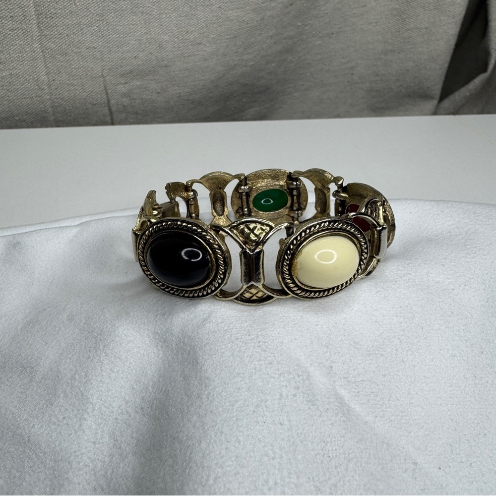 Vintage Multi-Color Crystal Brass Statement Bracelet - Boho Maximalist